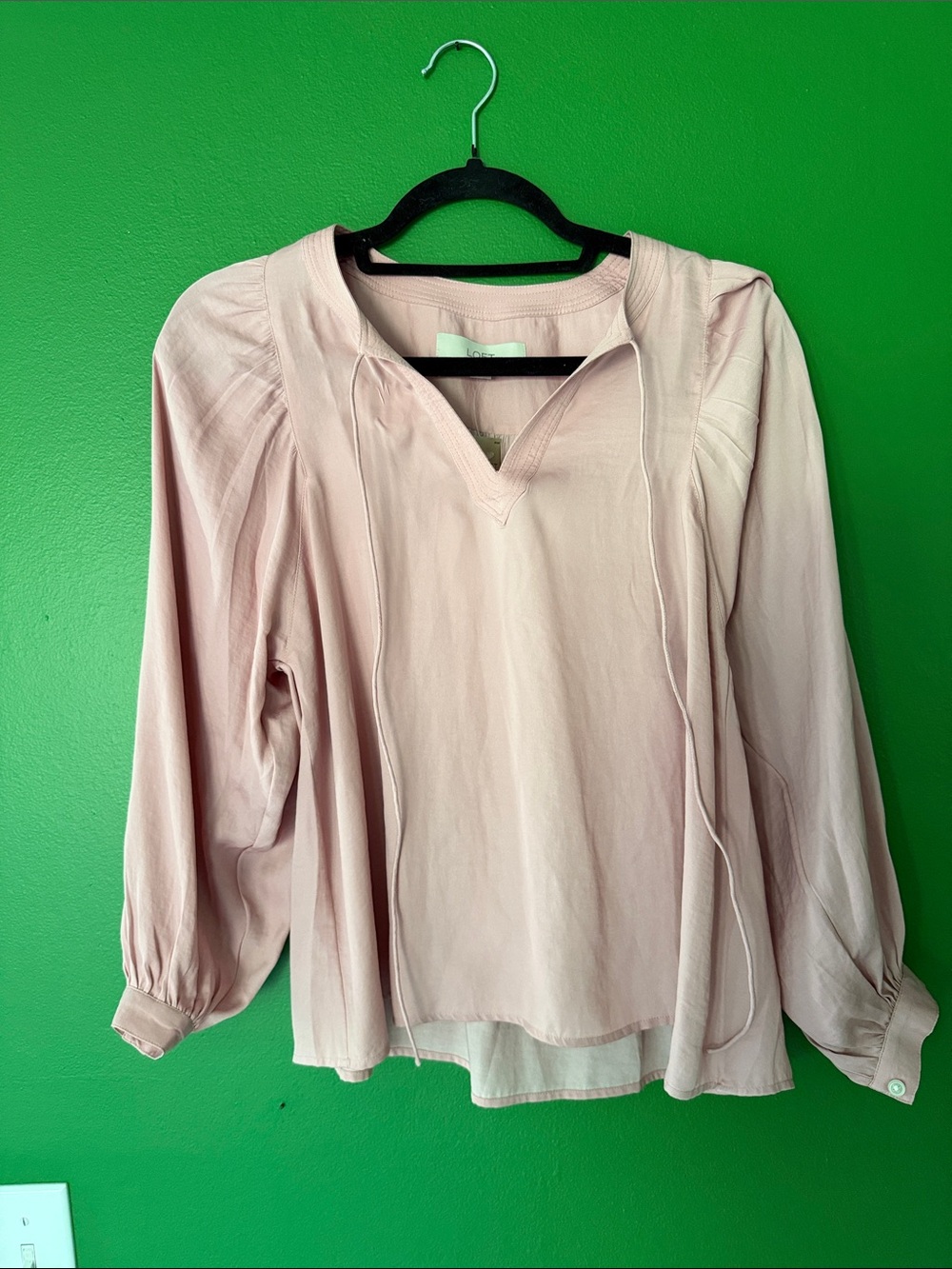 LOFT Light Pink V-Neck Peasant Blouse with Tie